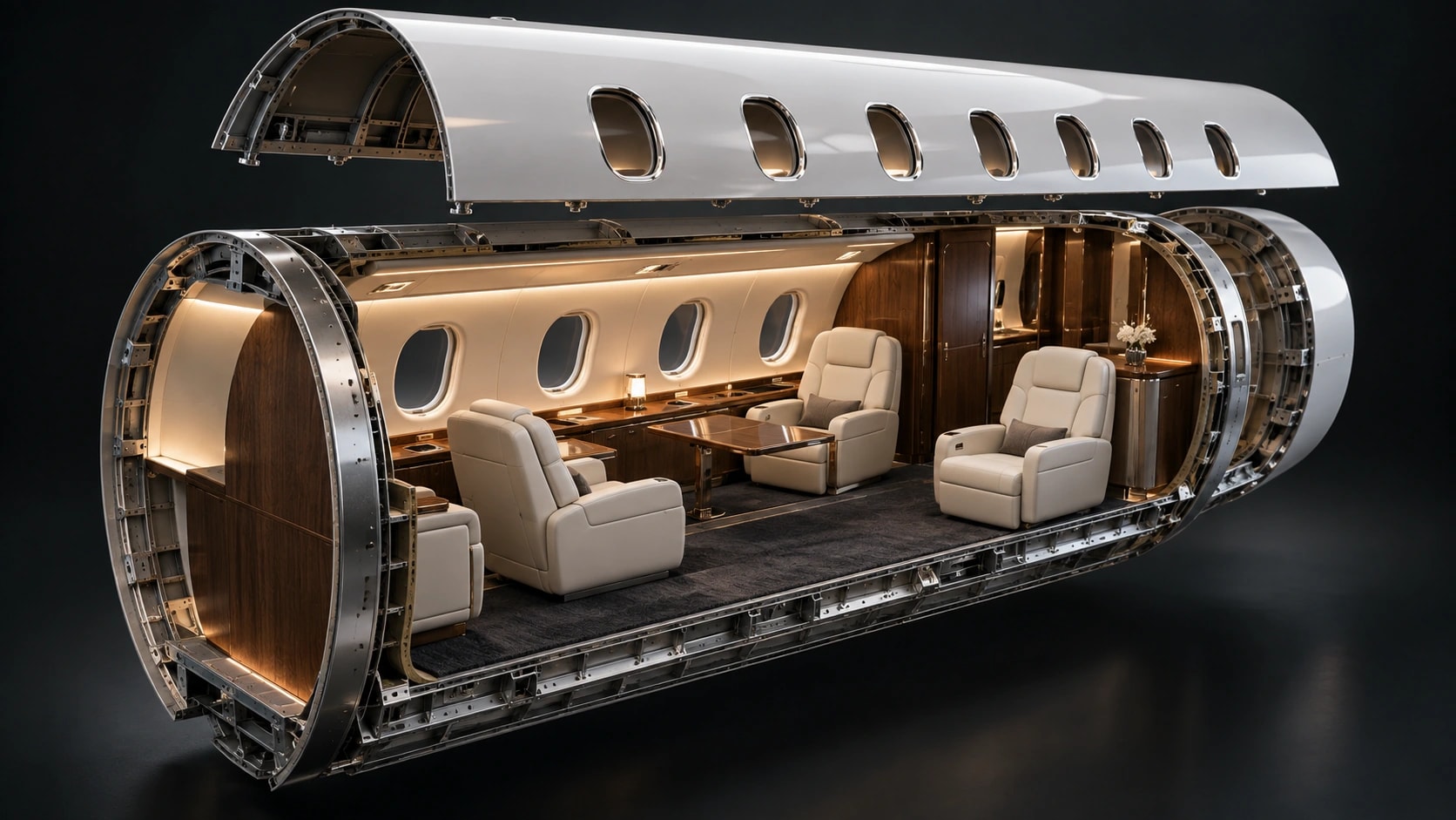 Design visualization of an aircraft cabin with its outer shell lifted to reveal the interior