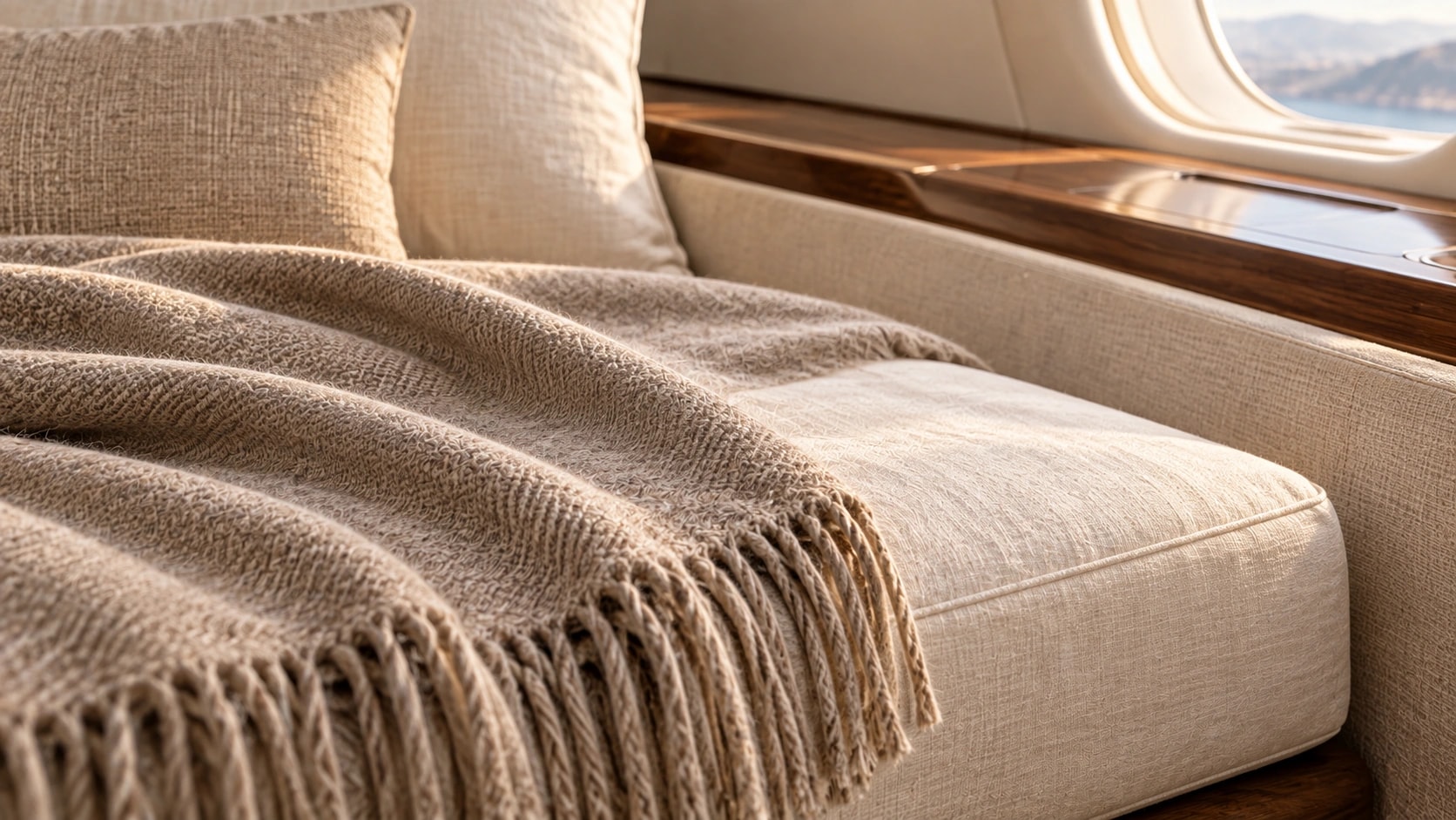 Rex Beds design visualization: textured bedding and cushions in a warm aircraft cabin