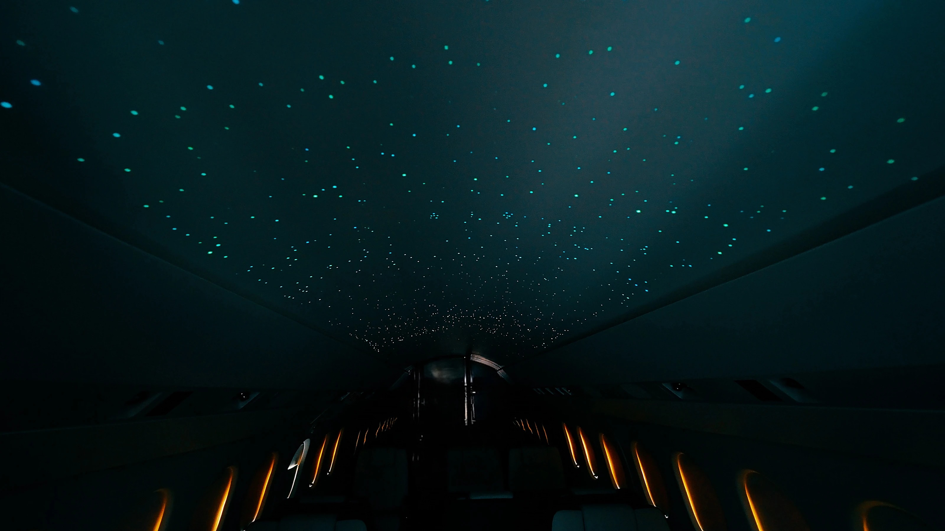 Star-like ceiling lights photographed inside the completed Rex Falcon 2000 cabin