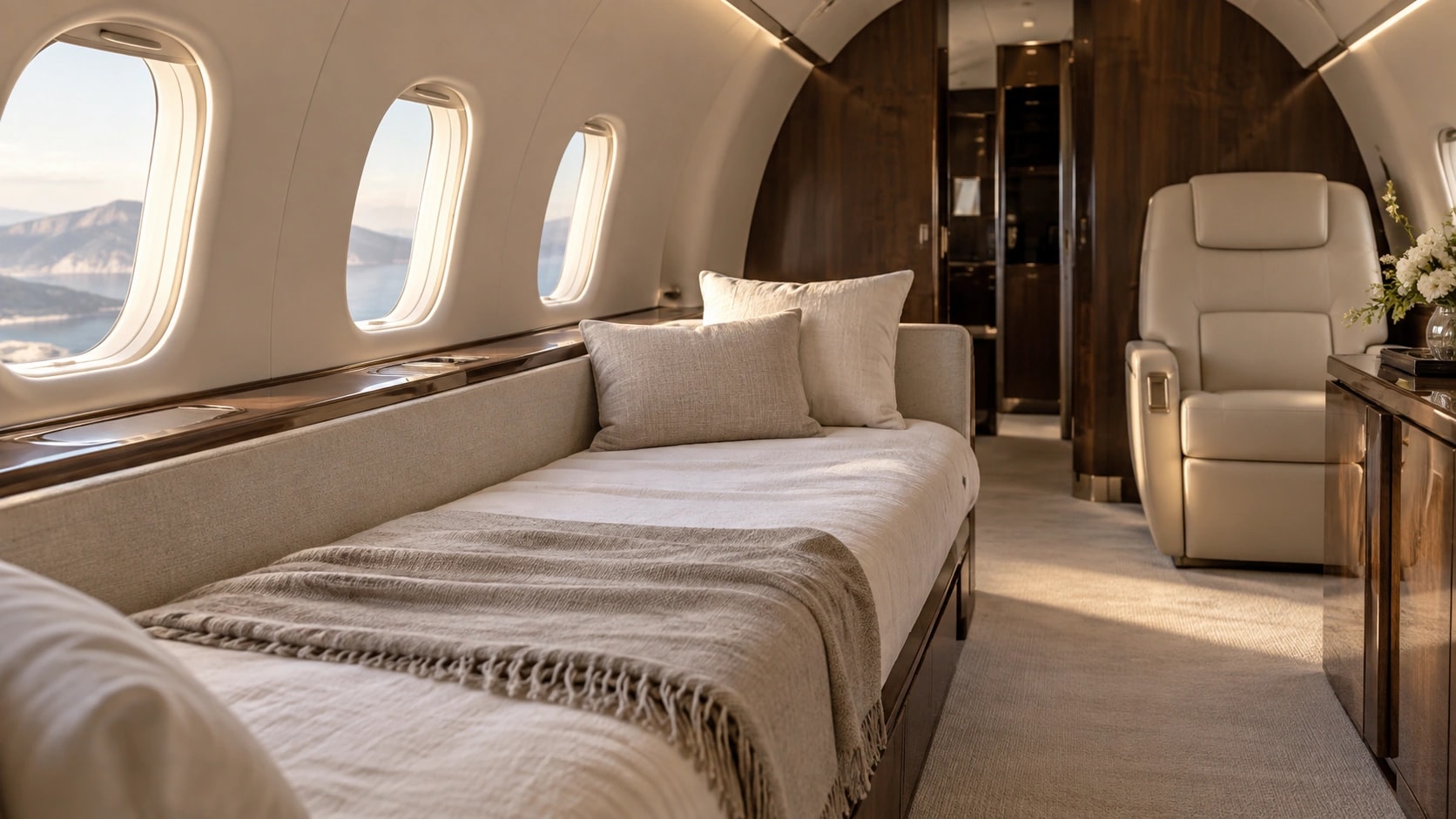 Design visualization of a warm aircraft resting space with a dressed divan, soft bedding and wood-toned surroundings.