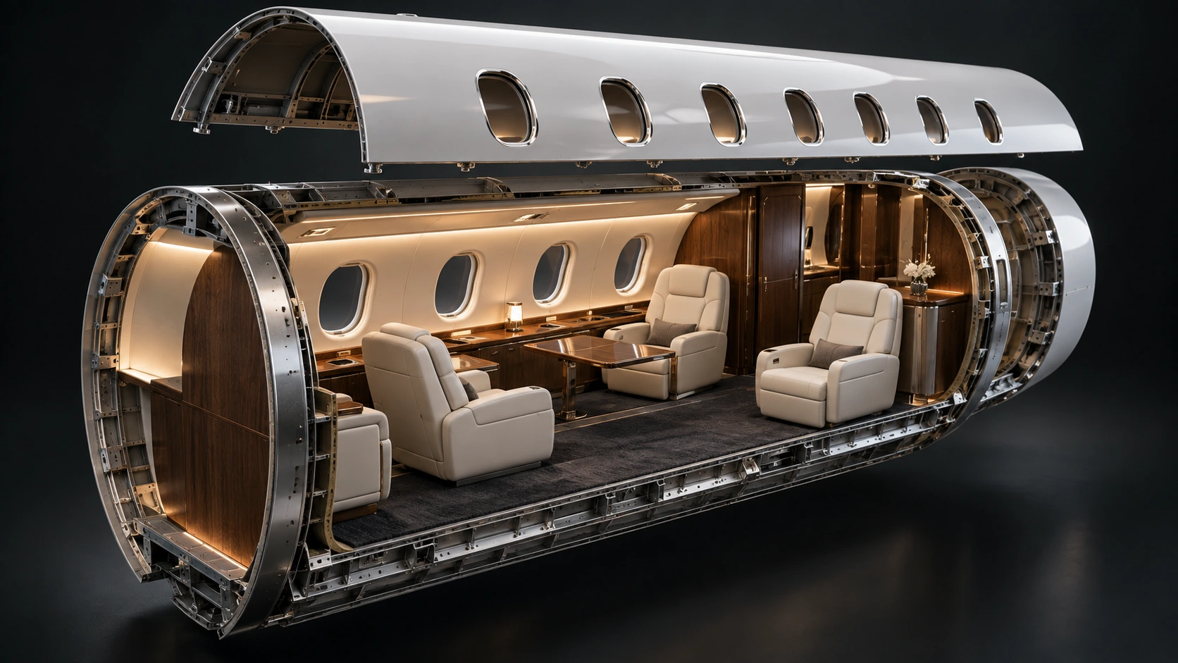 Conceptual cutaway of a private aircraft cabin showing the relationship between seating, sidewalls, cabinetry and finishes
