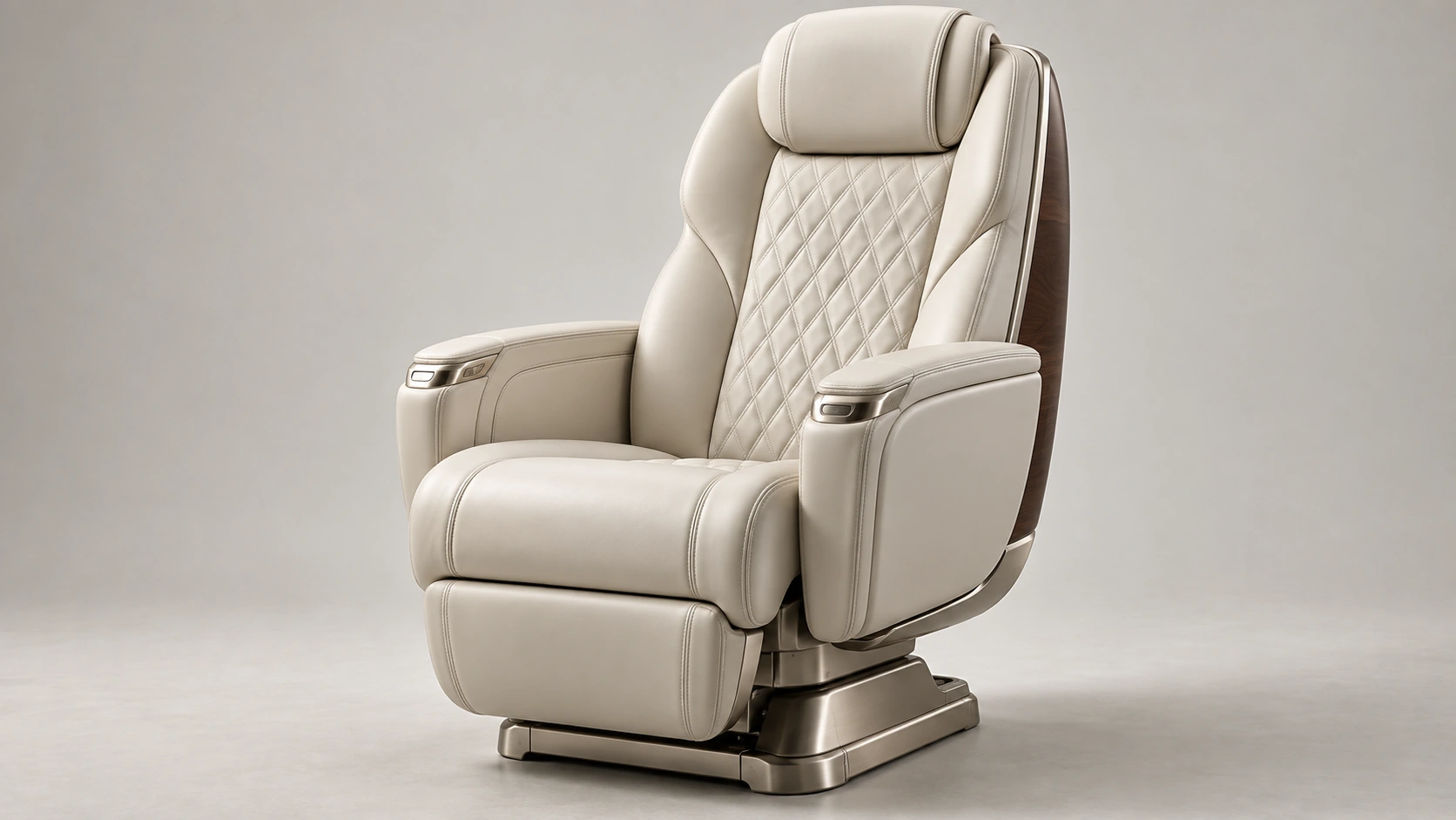 Concept study of a bespoke pearl leather aviation seat with diamond quilting, walnut trim and champagne metalwork