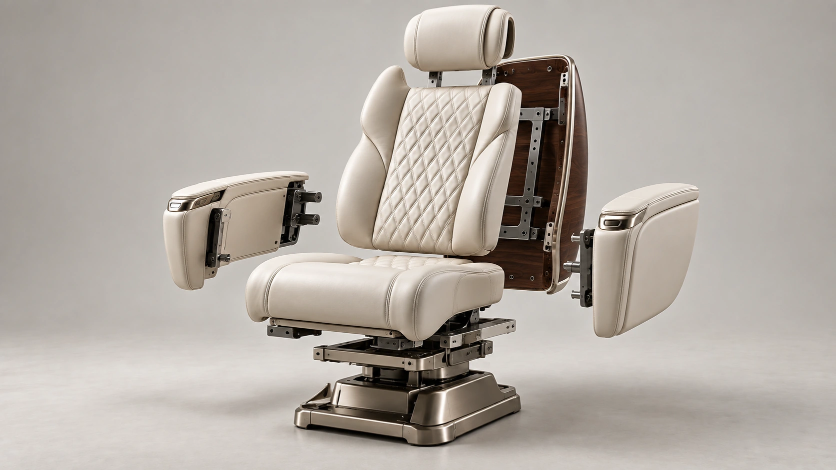 Exploded concept study separating the headrest, upholstery, armrests, cushion and seat foundation